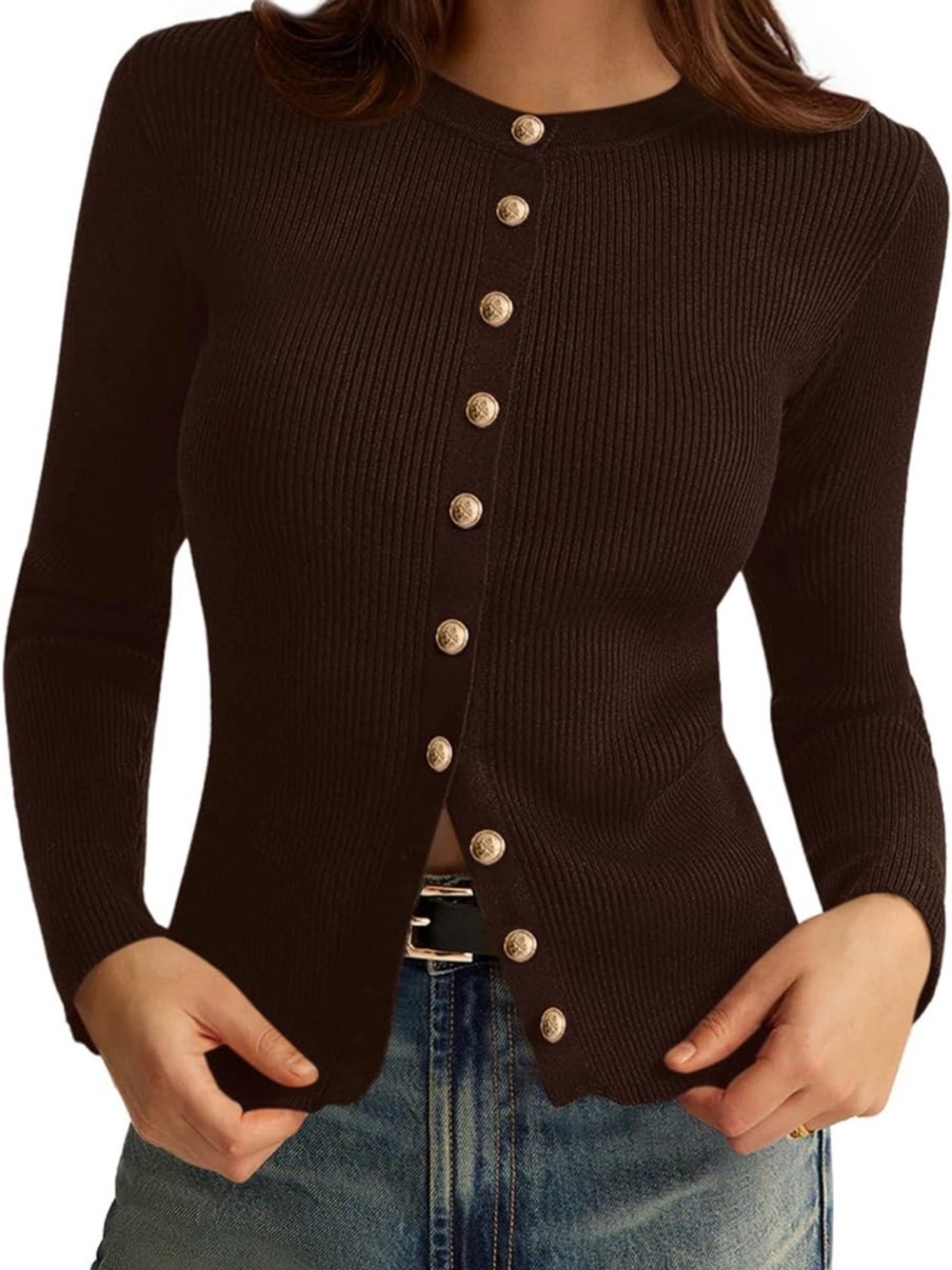 PrettyGarden Ribbed Knit Button-Down Cardigan in Chocolate Brown